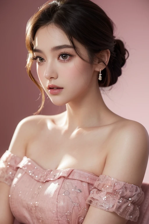 A beautiful, photogenic young woman with intricate, detailed facial features, long eyelashes, and lush lips, wearing a stunning pink off-the-shoulder dress, set against a cinematic, high-quality background with masterful lighting and exceptional realism, captured in an ultra-high resolution photograph of the highest quality.