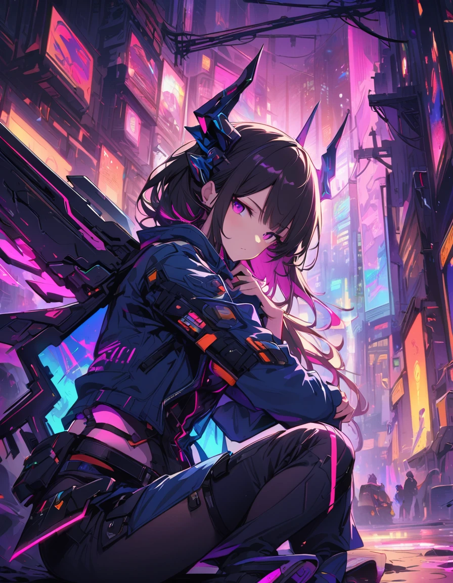 A cyberpunk girl with a futuristic look, featuring mechanical wings and horns, sitting in a dynamic pose. She has dark hair with neon highlights and is wearing a black outfit with a blue jacket. The background is a simple vibrant, neon-lit cityscape with blue and pink hues, emphasizing the high-tech, sci-fi atmosphere. --ar 3:4 --stylize 1000 --niji 6