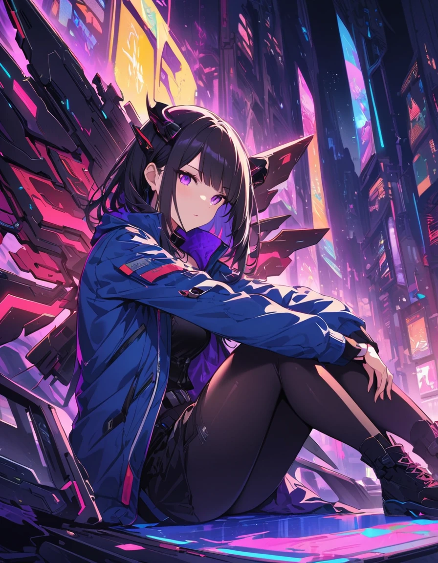 A cyberpunk girl with a futuristic look, featuring mechanical wings and horns, sitting in a dynamic pose. She has dark hair with neon highlights and is wearing a black outfit with a blue jacket. The background is a simple vibrant, neon-lit cityscape with blue and pink hues, emphasizing the high-tech, sci-fi atmosphere. --ar 3:4 --stylize 1000 --niji 6