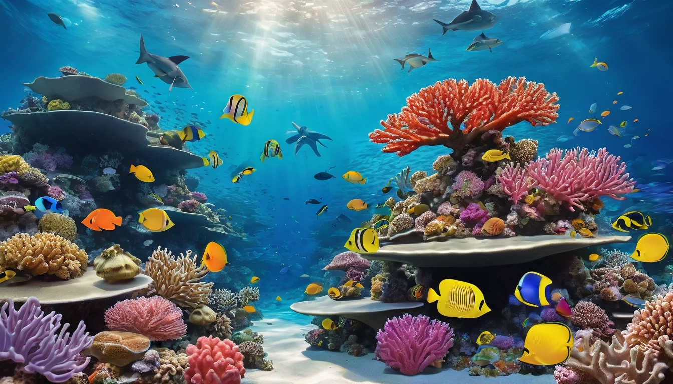 Produce a whimsical underwater world filled with colorful coral reefs, exotic fish, and shimmering sea creatures.