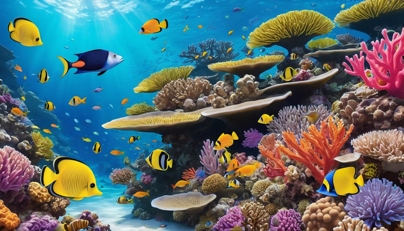 Produce a whimsical underwater world filled with colorful coral reefs, exotic fish, and shimmering sea creatures.