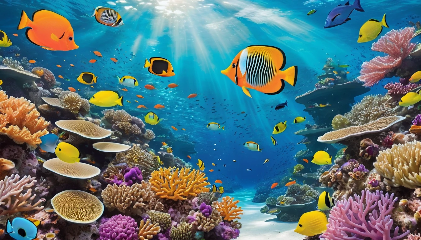 Produce a whimsical underwater world filled with colorful coral reefs, exotic fish, and shimmering sea creatures.