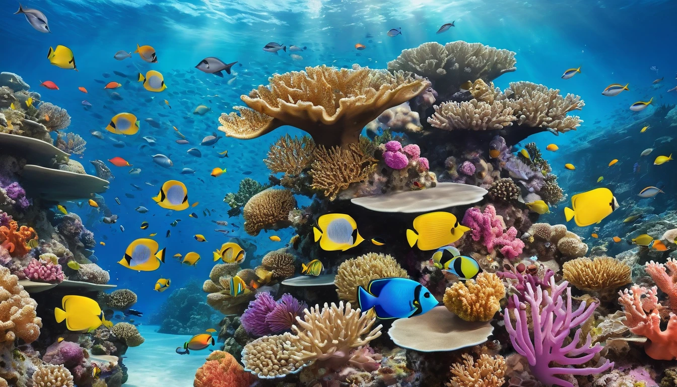 Produce a whimsical underwater world filled with colorful coral reefs, exotic fish, and shimmering sea creatures.