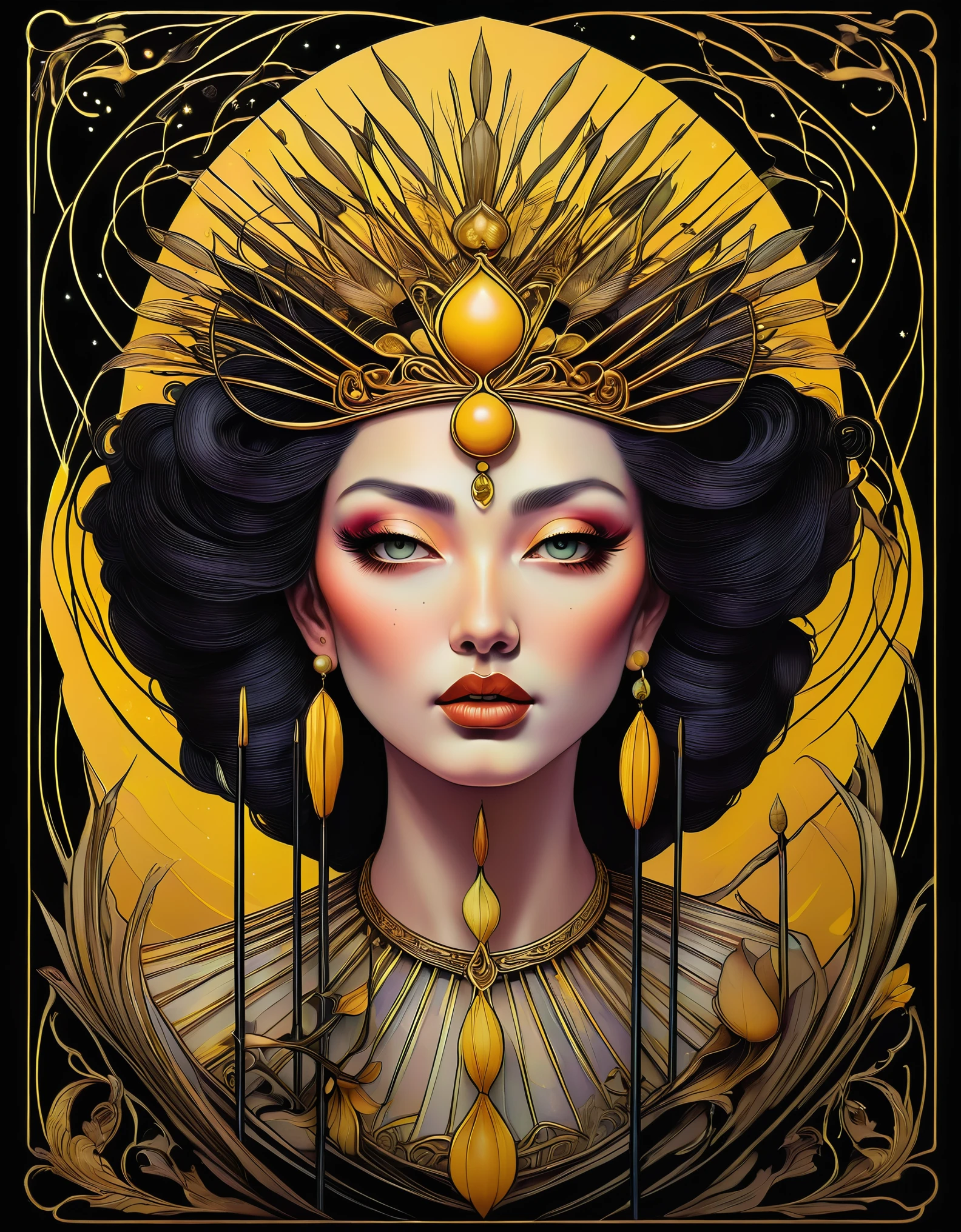 fusion graphic tarot cards, chiaroscuro technique on sensual illustration of an queen of wands, vintage queen, eerie, matte painting, by Hannah Dale, by Harumi Hironaka, extremely soft colors, hint of yellow pastel, highly detailed, digital artwork, high contrast, dramatic, refined, tonal, highest quality，anatomy correct，ultra-wide-angle，depth of fields