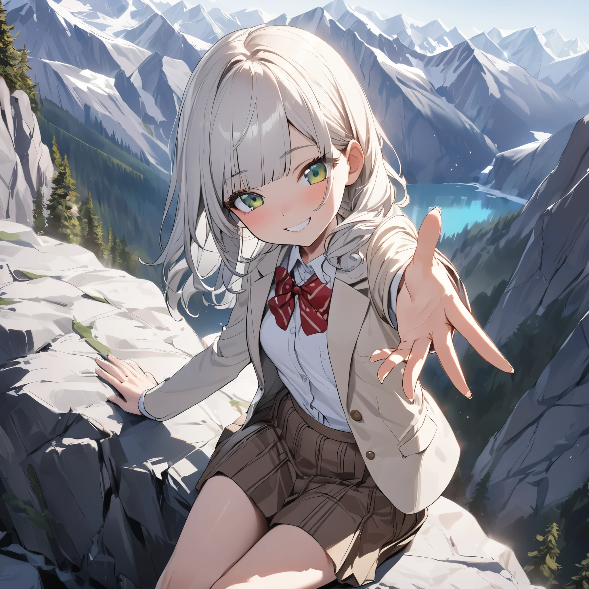 ((Masterpiece)), ((best quality)), (Anime:1.3), (super detail:1.2), (High Definition:1.3), (Professional Photography:1.3), (wide shot), (sharp focus), (perfect light), (()), (medium breast), (Healthy slim body), 8K, Textured skin, cinematic lighting, (1girl), short stature, ((cute teenage younrl)), (loose blunt bangs), slightly loose curls hair, (breasts length hair), pale silver hair, ((naughty smile)), (cute green eyes), drooping eyes, slender waist, ((pale Ivory blazer of school uniform)), (white blouse), put on red string ribbon, (brown skirt), BREAK, ((best quality)), (super detail:1.2), sunnyday, Beautiful Cliffs over 100 meters above sea level, reaching hand, ((perfect hand)), (Relaxed sitting on the edge of great rock), ((Canadian Rockies)), summerday, Beautiful Mountains Background,