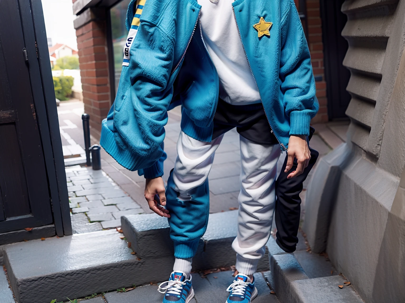 Man wearing a bright blue jacket and sleeves with yellow details, in the center of the shirt there is a gold star symbol, the shirt has long sleeves, he is wearing black knitted pants with stripes With white stripes on the side , Slender man wears black Adidas sneakers, paved street, village, 2008