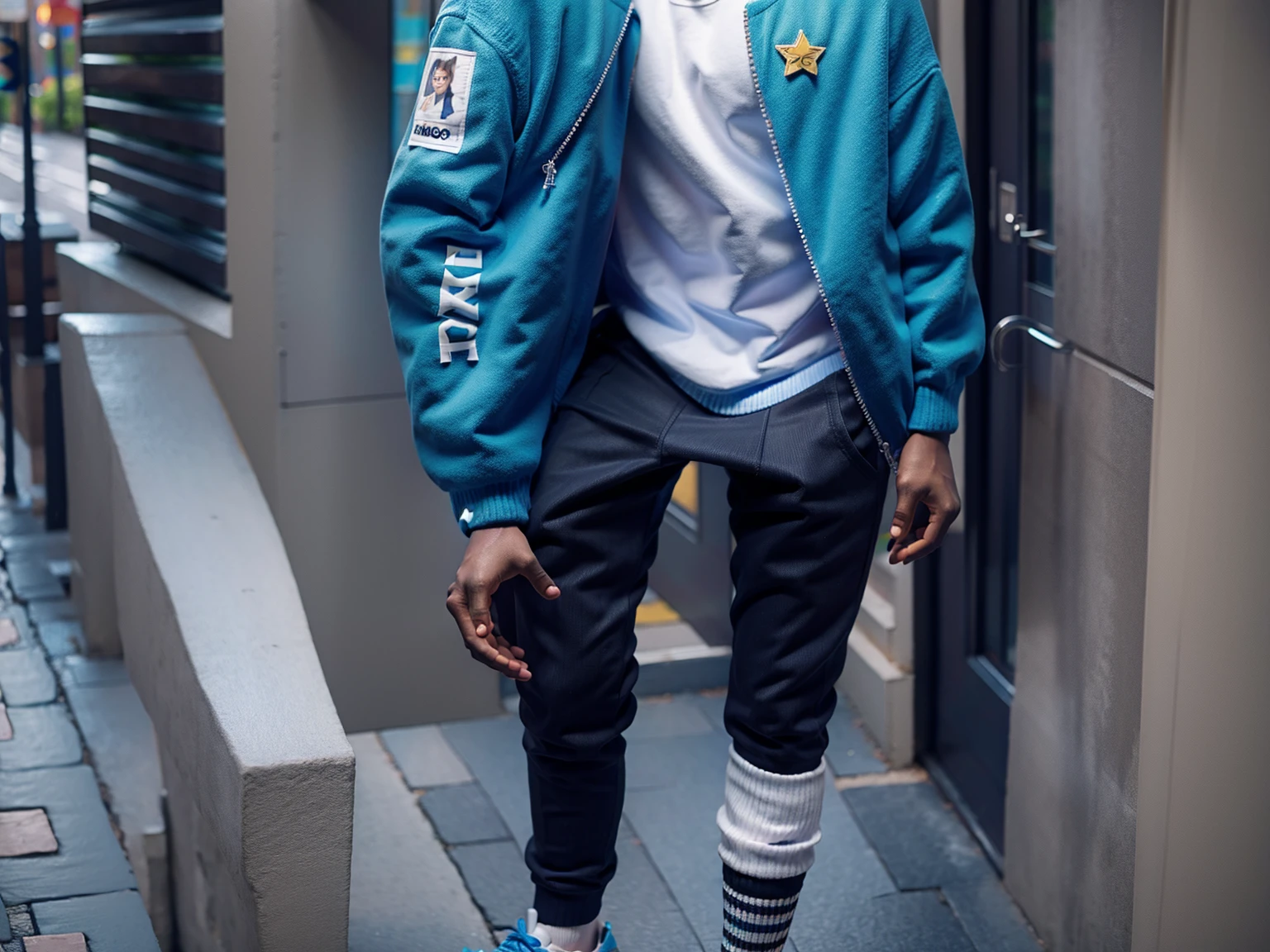 Man wearing a bright blue jacket and sleeves with yellow details, in the center of the shirt there is a gold star symbol, the shirt has long sleeves, he is wearing black knitted pants with stripes With white stripes on the side , Slender man wears black Adidas sneakers, paved street, village, 2008