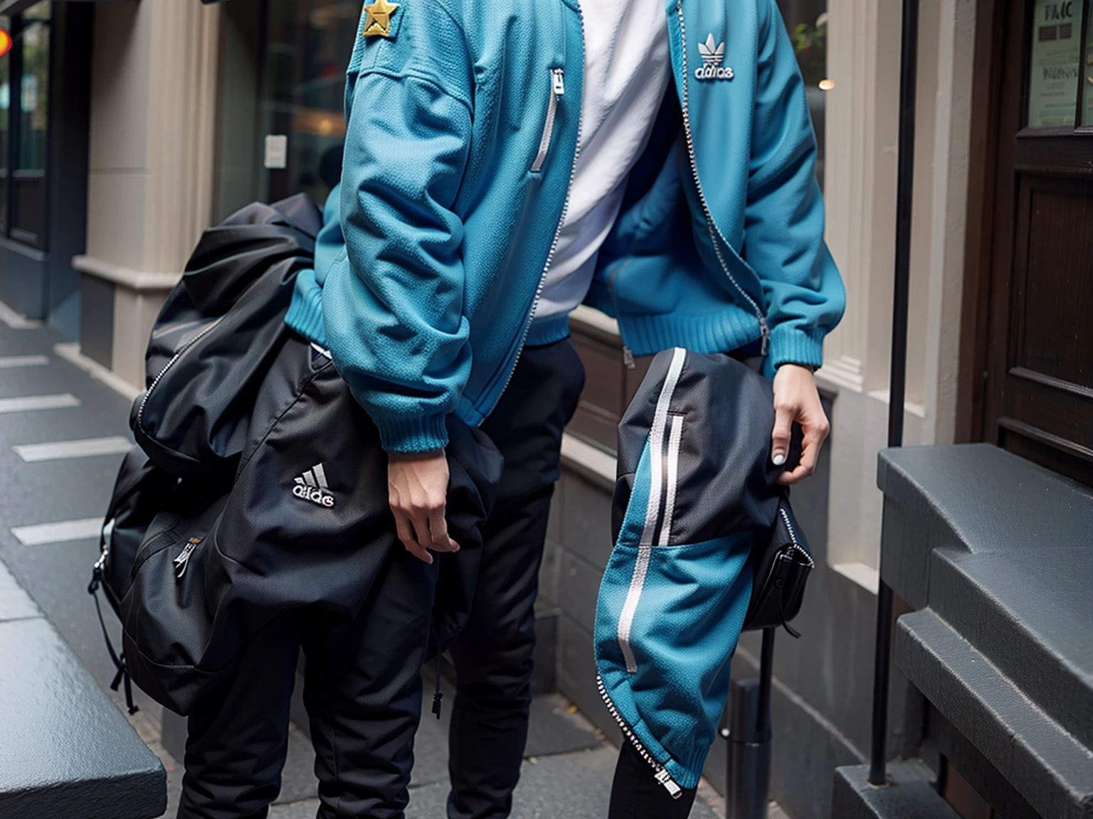 Man wearing a bright blue jacket and sleeves with yellow details, in the center of the shirt there is a gold star symbol, the shirt has long sleeves, he is wearing black knitted pants with stripes With white stripes on the side , Slender man wears black Adidas sneakers, paved street, village, 2008