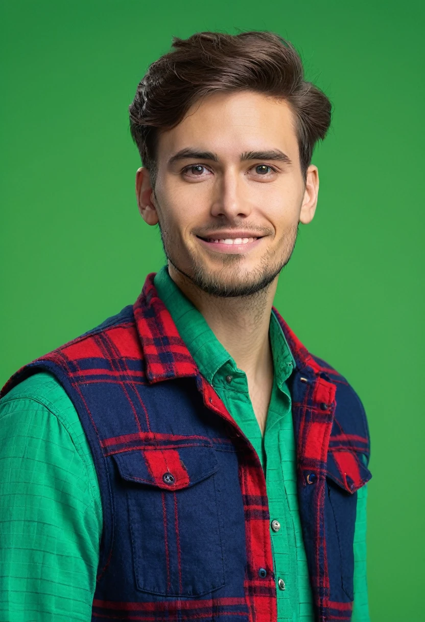 24-year-old man in a blue vest, red flannel, thinking, look at the camera, green background, green chroma key, low smile, professional photo, medium shot, realistic photo, 8k