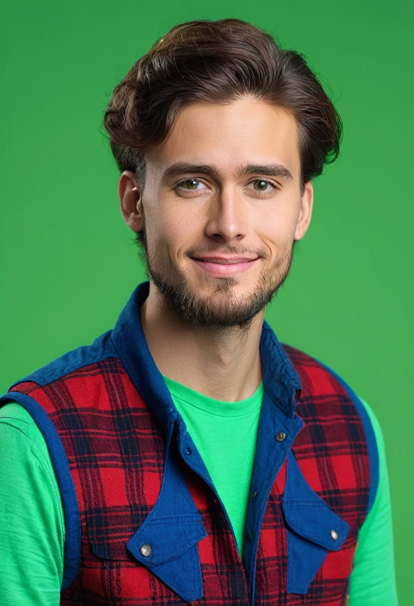 24-year-old man in a blue vest, red flannel, thinking, look at the camera, green background, green chroma key, low smile, professional photo, medium shot, realistic photo, 8k