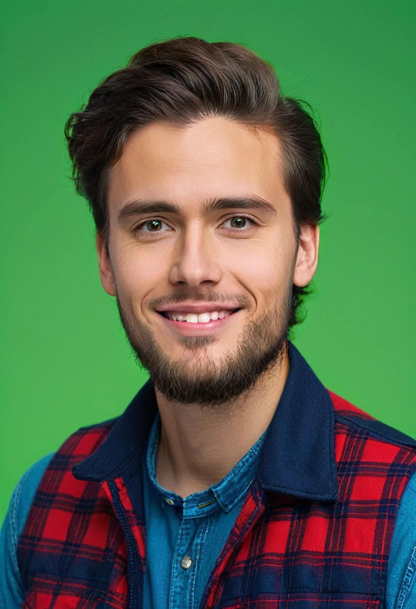 24-year-old man in a blue vest, red flannel, thinking, look at the camera, green background, green chroma key, low smile, professional photo, medium shot, realistic photo, 8k