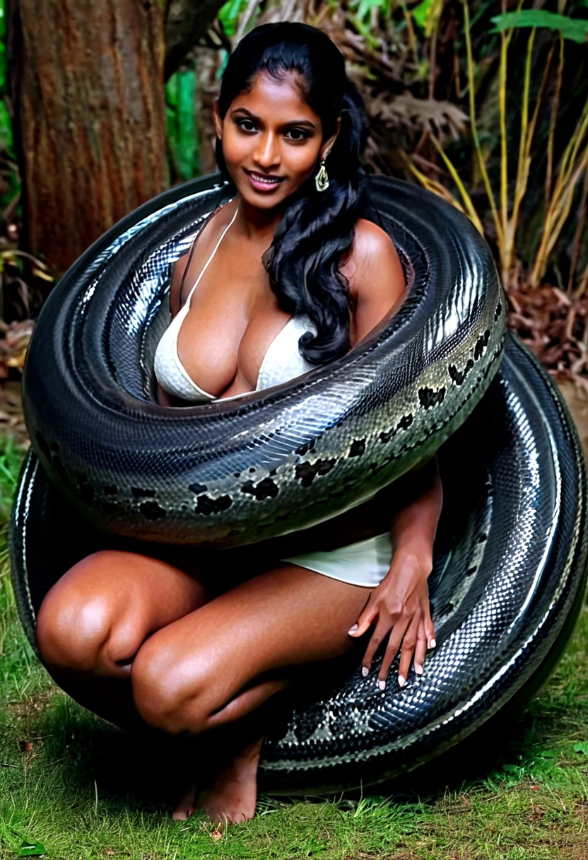 Happy Horny, aroused 1girl), beautiful kneeling indian thick young girl with giant colossal black titanboa squeezing her hard, wrapped in thick spiraling coils, constricted, struggle, gasping for air, snake attack, snake peril, moonless night, dim light