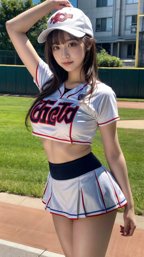 masterpiece, best quality, illustration, Super detailed, fine details, High resolution, 8K,wall paper, perfect dynamic composition,(Details High quality, realistic depiction of eyes:1.3), hotel room, (cheer girl:1.5),(a miniskirt, baseball cap), to stand、large breasts,short bob hair, black hair color, Big Natural Color Lip, bold sexy pose, crying a little、Harajuku style、20 year old girl、cute type、ta、beautiful legs, hposing Gravure Idol