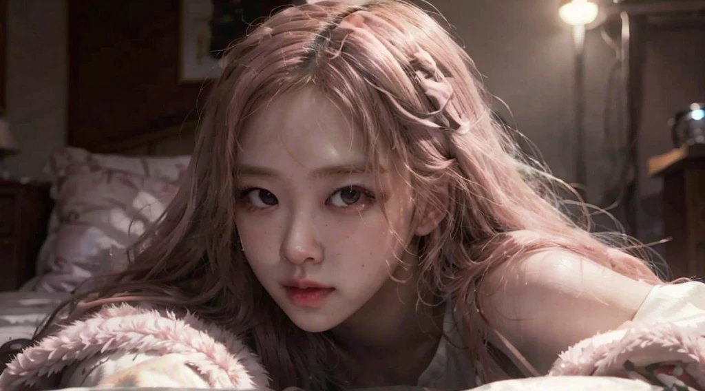8k, RAW photo, best quality, masterpiece:1.2), (realistic, photo-realistic:1.4), (extremely detailed 8k wallpaper), japanese 20 age woman,Ultra-detailed cute face, Detailed eyes, Double eyelid,chemise, full body,(topknot, Huge breasts :1.2,(pink hair ),Tears mole),View from above,lying on the bed,cute hair