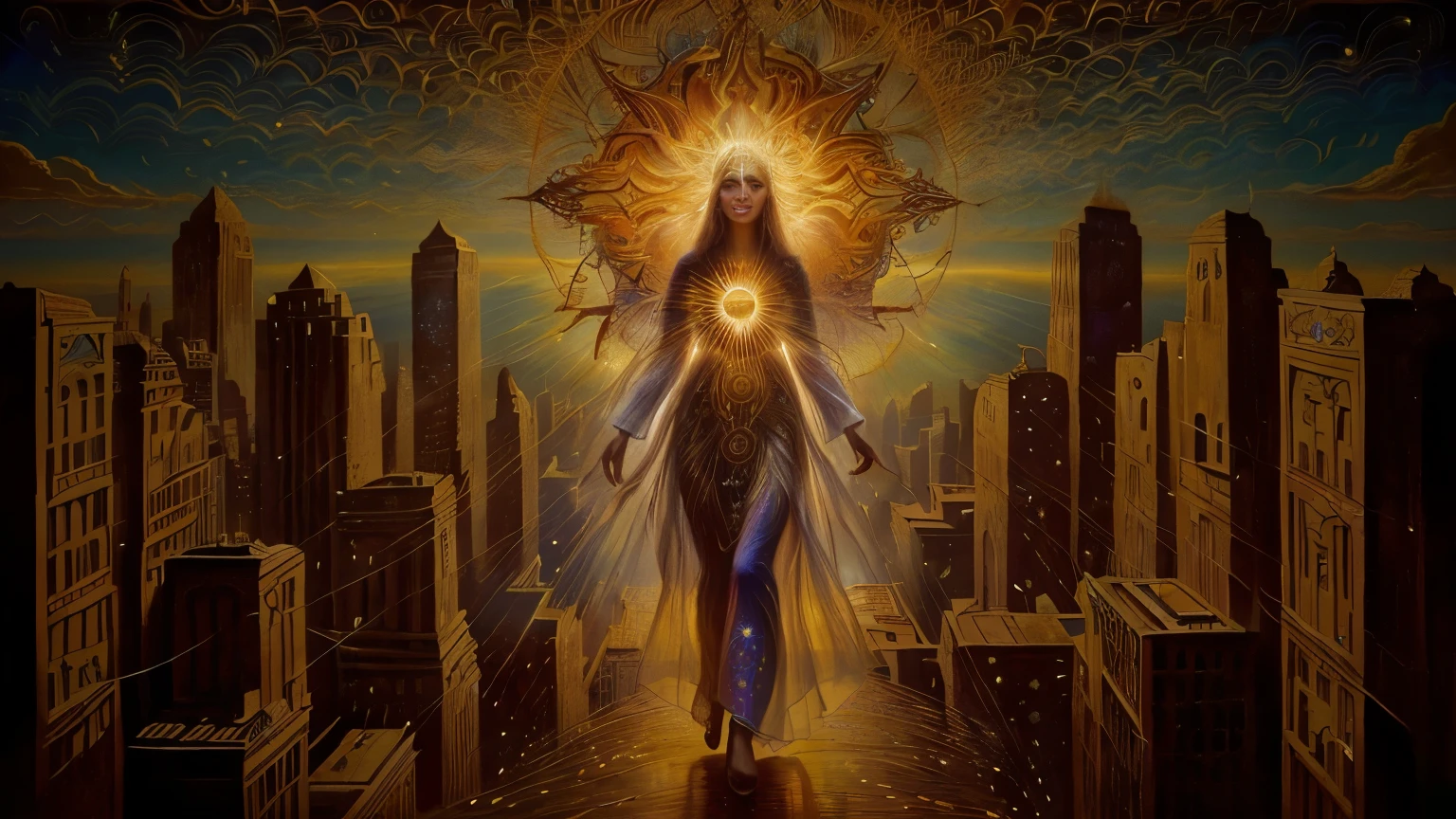 painting of a woman walking through a city with a sun in the background, estilo and mumford e alex gray, um ser interdimensional, by Amanda Sage, Alex Gray e Beksinski, radiating with power, visionary art, radiating rebirth energy, ascended, heightened awareness, divine being, consciousness rising, spiritual enlightenment, Distributed consciousness, Alex Grey Arte