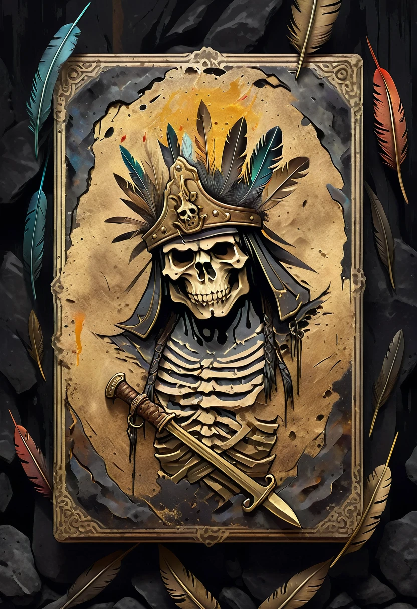 (best quality,4k,8k,highres,masterpiece:1.2),ultra-detailed,(realistic,photorealistic,photo-realistic:1.37),oil painting,colorful,brush strokes,dramatic lighting,horror,skull man warrior,aged paper,aesthetic,dripping ink,gritty texture,dark and moody atmosphere,detailed facial features,expressionless face,intense gaze,weathered armor,worn out sword,ancient runes,crow feathers,ominous background,grim reaper vibes,haunting,creepy,macabre,vintage style,monochrome with sepia tones,contrast,depth,texture,old world charm,subtle decay,aged elegance,cracked paint,weathered detailspeated paint,cracked stone texture,long shadows,dusty appearance,creased edges,sculptural quality