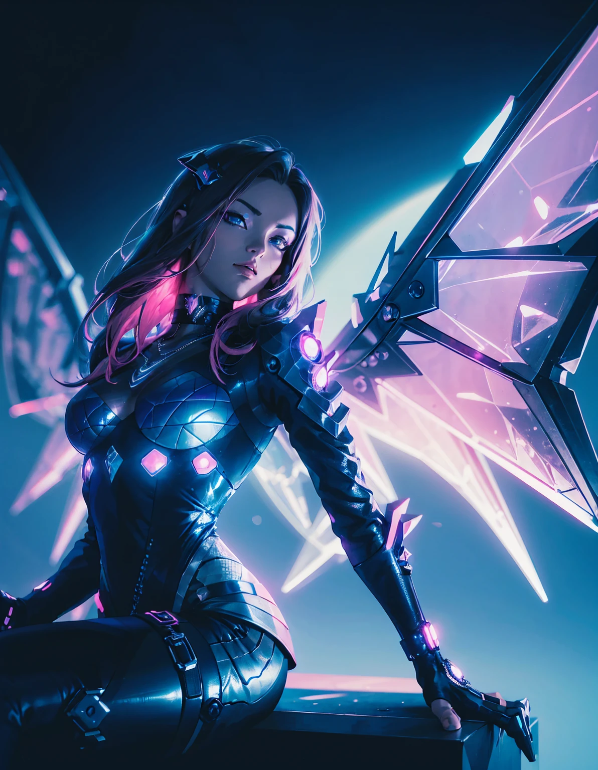 cyberpunk girl with futuristic look, featuring mechanical wings and horns, sitting in dynamic pose. She has dark hair with neon highlights and wearing black outfit with blue jacket. The background is simple vibrant, neon-lit cityscape with blue and pink, emphasizing high-tech, sci-fi atmosphere. --ar 3:4 --stylize 600 --niji 5