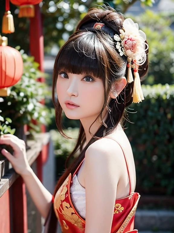 Using the trigger word、Generate an image of a young female model wearing a traditional Chinese dress。She has a charming aura that evokes Chinese culture and aesthetics.、Her hairstyle is「chinese buns(Chinese bun hairstyle)」It has become。The dress she wears、Cool colors, yet gorgeous、Incorporating traditional Chinese elements。The dress has a sleeveless design(Sleeveless)in、Make her skin look beautiful。Also、Add glamorous elements to the material and details of the dress.、Enhance her beauty。Her poses and facial expressions are、It exudes confidence and elegance.、It shows off the beauty of Chinese culture and dress.。Background、It incorporates traditional Chinese elements and scenery.、Make sure it matches her vibe。The generated image is、Fashion magazines, art works, etc.、We hope it will be a wonderful image that celebrates traditional Chinese beauty.。