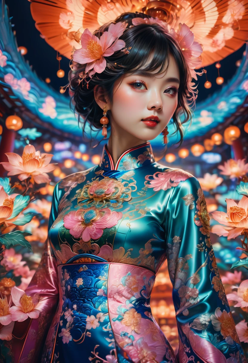 Cheongsam, by Rachel Maclean, RAW photo, 35mm photograph, bokeh, best quality, masterpiece, very aesthetic, perfect composition, intricate details, ultra-detailed