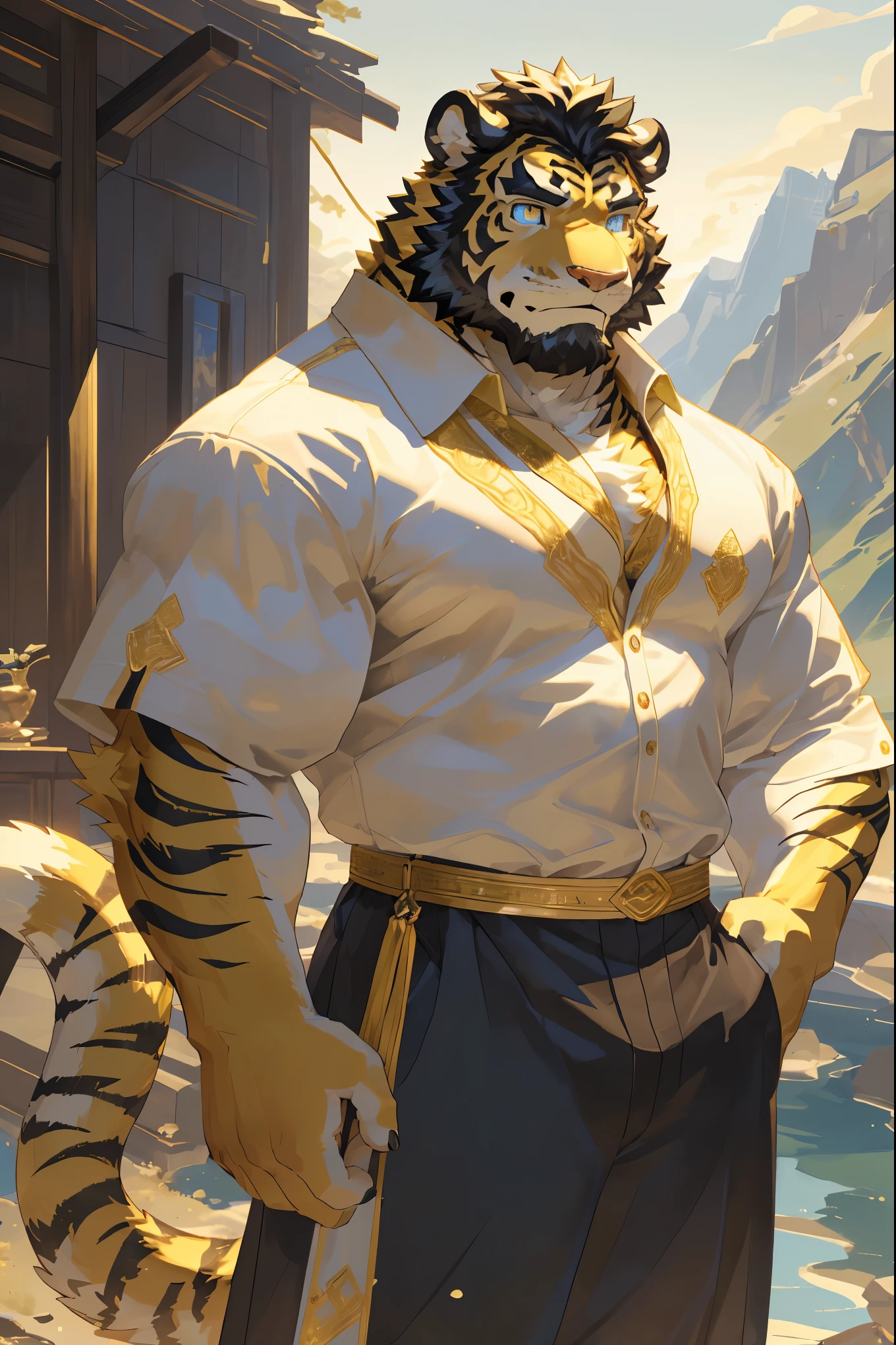 (Toned body),(White regular clothes:1.5),16k high quality detailed art,(White regular clothes:1),(Golden Tiger:1.1), (((White and golden fur:1.5))),(Duotone),(A pair of eyes of different colors, Blue and gold eyes:1.7),(Both eyes are the same size:1.4),(Muscular body:1.3),Handsome,(OK),(Perfect face),(Gold and white skin:1.3),(Full body description:1.3),Publaz, (Golden Tiger:1.1), (((Gold and white fur:1.3))),Handsome, (OK),Express,(Mountains, rivers and lakes background:1.3),(joy:1.3),(Golden Tiger tail),不同的Express,(A perfect masterpiece),(32k),(Abdominal muscles:1.3),(((middle aged:1.4))),(36 years old),(Gold Stripes),alone,(Black sideburns:1.2),(black beard:1.3),(Black Chin:1.3),(golden face pattern:1),(Very rich facial details:1.3),(Strong),(Mighty pose:1.3),Front view,(CG),(HD),(Black hair),Full body portrait,(Detailed background:1.3)
