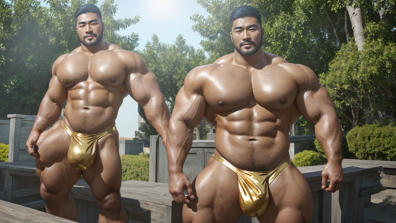 A handsome Asian actor,30 years old,Tall and handsome, Toned body,short hair, O-Shaped Beard,Perfect body, Dark and shiny skin,Smooth skin,The body is hairless,Muscle bulge, Muscular, Very large pectoral muscles,Very sexy abdominal muscles,Very well-developed leg muscles,Huge concave and convex area,Brightens oily skin,Wearing a gold leather shiny thong,Handsome face, Correct and accurate male body proportions, Ultra-high-definition 4K picture quality。