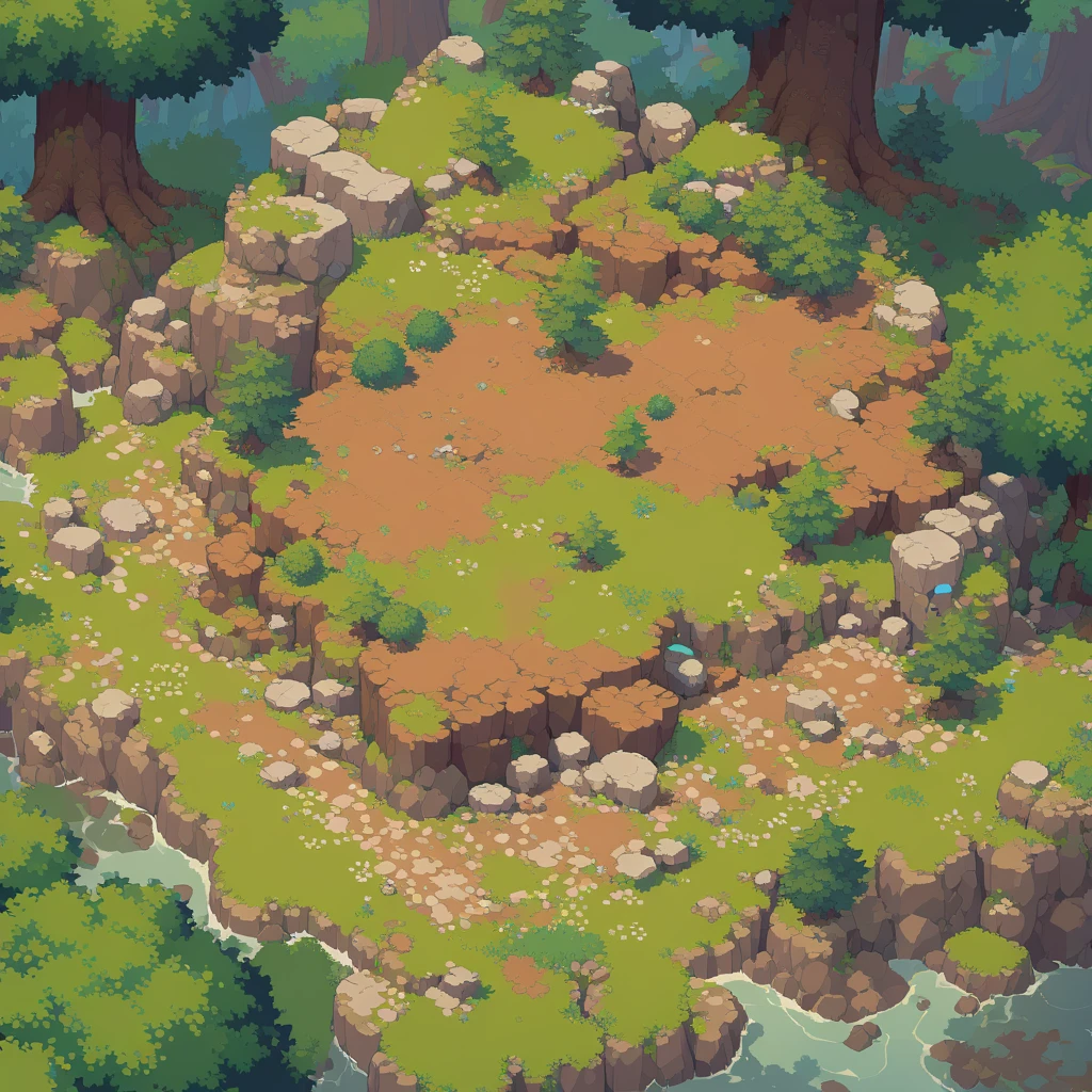 retro video game style,pixelated graphics,vibrant colors,8-bit characters,blocky shapes,sharp lines,detailed shading,classic gaming vibe,nostalgic atmosphere,classic arcade games,masterpiece:1.2,ultra-detailed,illustration style, 2d texture, clay texture, stone texture, 4 k seamless mud texture, video game texture, dirt texture, tileset, game tiles, clay material, flat texture, grass, trees, rock texture, rocky ground, forest, topdown view, game texture, game art, ground very detailed, dirt, floor texture, tileable texture, flowers, bushes, shrubs, intricate ground stone, top down view, 3/4th perspective