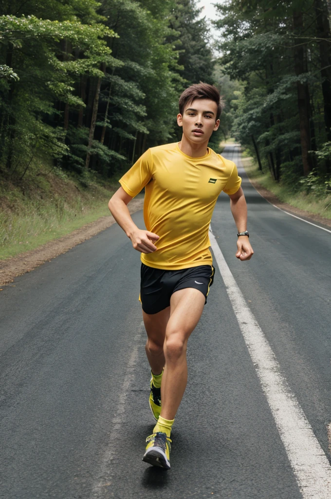 Running boy on forest road