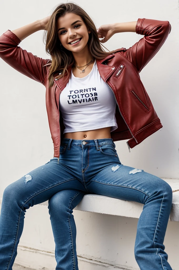 Cute 18 year old European girl in t-shirt. Sleeveless red leather jacket with pierced navel details , worn and modern tight jeans pants she smiles looking ahead. In a white environment 