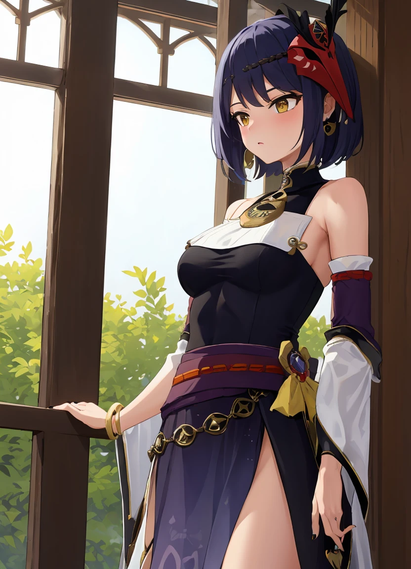 flat chests, nsfw, masterpiece, 1 girl, erect nipples, intricately detailed, topless, navel, bare shoulders, necklace, purple hair, bob cut, purple skirt, waist pouch, magic staff, extremely detailed, photorealistic, octane render, 8 k, unreal engine, bare breasts, puffy nipples, blue eyes, extending hand, fantasy, enchanted, dynamic pose, bare stomach, sweaty breasts, flat chest, arm strap, full body, outdoors, bangs between eyes, hair ornament, sarong, long skirt, covered legs, night