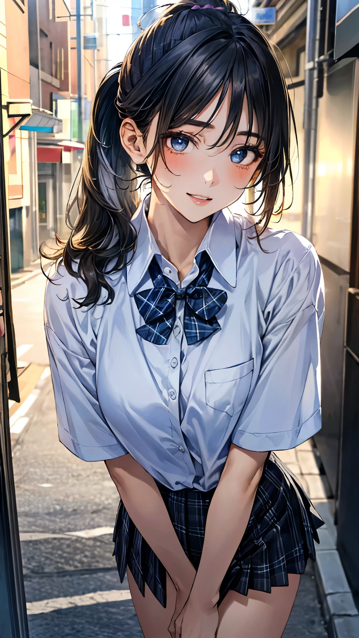 (masterpiece:1.3, top-quality, ultra high res, ultra detailed), (realistic, photorealistic:1.4), beautiful illustration, perfect lighting, natural lighting, colorful, depth of fields, ,
beautiful detailed hair, beautiful detailed face, beautiful detailed eyes, beautiful clavicle, beautiful body, beautiful chest, beautiful thigh, beautiful legs, beautiful fingers, shiny skin,
looking at viewer, 1 girl, high school girl, (perfect anatomy, anatomically correct, super detailed skin), cute and symmetrical face, babyface, perfect face, perfect eyes, ,
(middle hair, ponytail, silver hair), crossed bangs, blue eyes, slant eyes, big eyes, long eye lasher, (medium breasts, seductive thighs), slender, skin dendation,
detailed cloth texture, light blue collared shirt, blue bow tie, grey plaid pleated skirt:1.2, black hair chouchou,
(beautiful scenery), summer, evening, (downtown:1.2), standing, (lovely smile, upper eyes, parted lips),