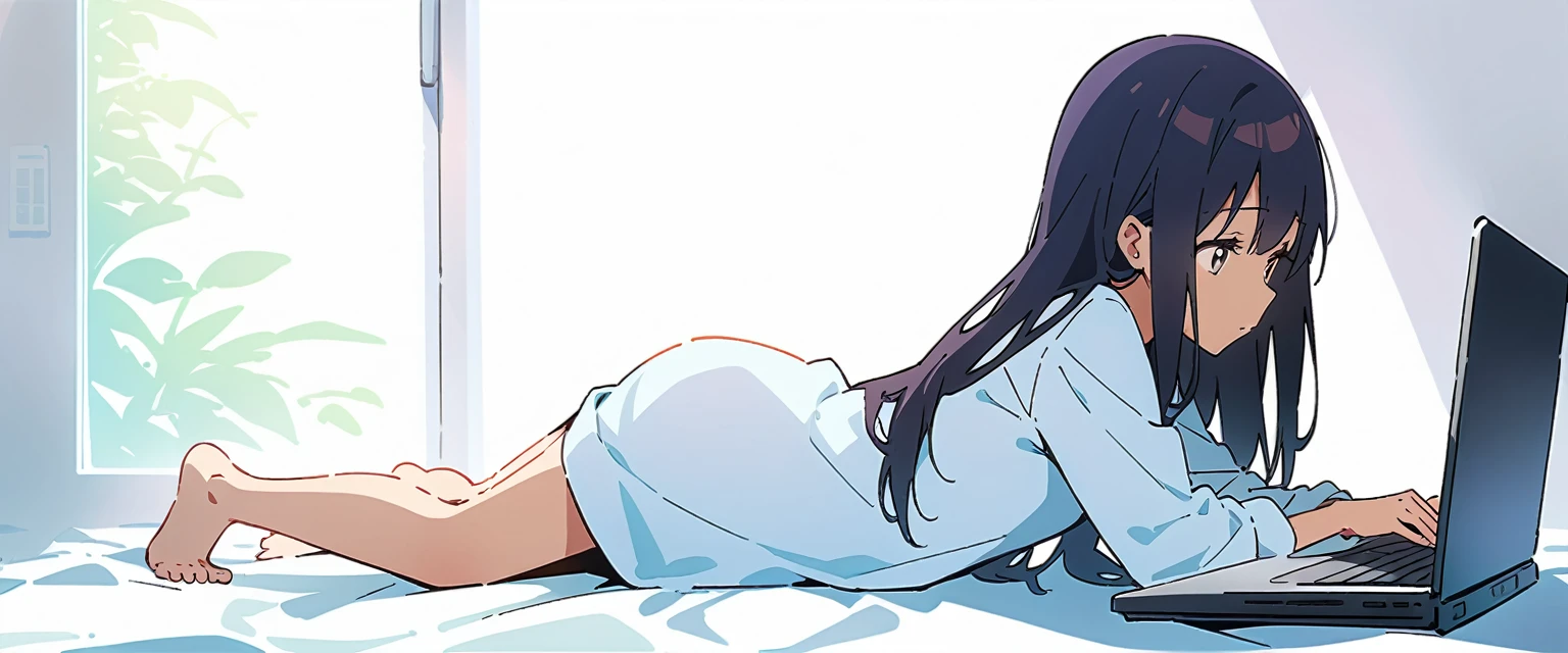 Vacant rooms、pure white room、Ultra-high resolution, Highest quality,alone,Girl lying face down, One Girl、The whole body seen from the side、Long Hair、Black Hair、Straight hair、Grey Eyes、Eyes without highlights、Expressionless、Small breasts、Plain white long sleeve T-shirt、barefoot、Laptop、Keyboard hands、Facing to the left