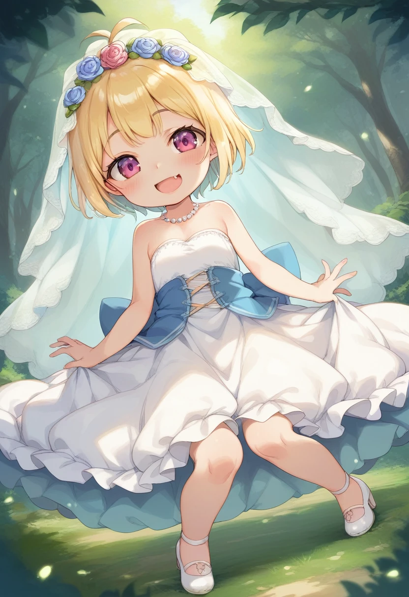 score_9, score_7_up, score_6_up, 1girl, source_cartoon, source_anime,breathtalking Scenery,watercolor,smooth soft skin, natural skin,
BREAK
(little female child:1.8), (:1.8), 4 yeoli toddler:1.lat chest,baby face,oily skin, ultra cute face, happy smile,
BREAK
(short blond hair:1.6) messy hair,(fang:1.1), (pink eyes:1.1), highlight on eyes, antenna hair,double tooth,(blond hair:1.1),
BREAK
(empire-Line wedding dress:1.1),(silk veil:1.3),high heel,silk cape,
BREAK
In a secluded setting, surrounded by a dense forest, the bog lay hidden like a secret gem, its misty surface whispering tales of ancient times,fullbody,dynamicangle,dynamicpose,action,