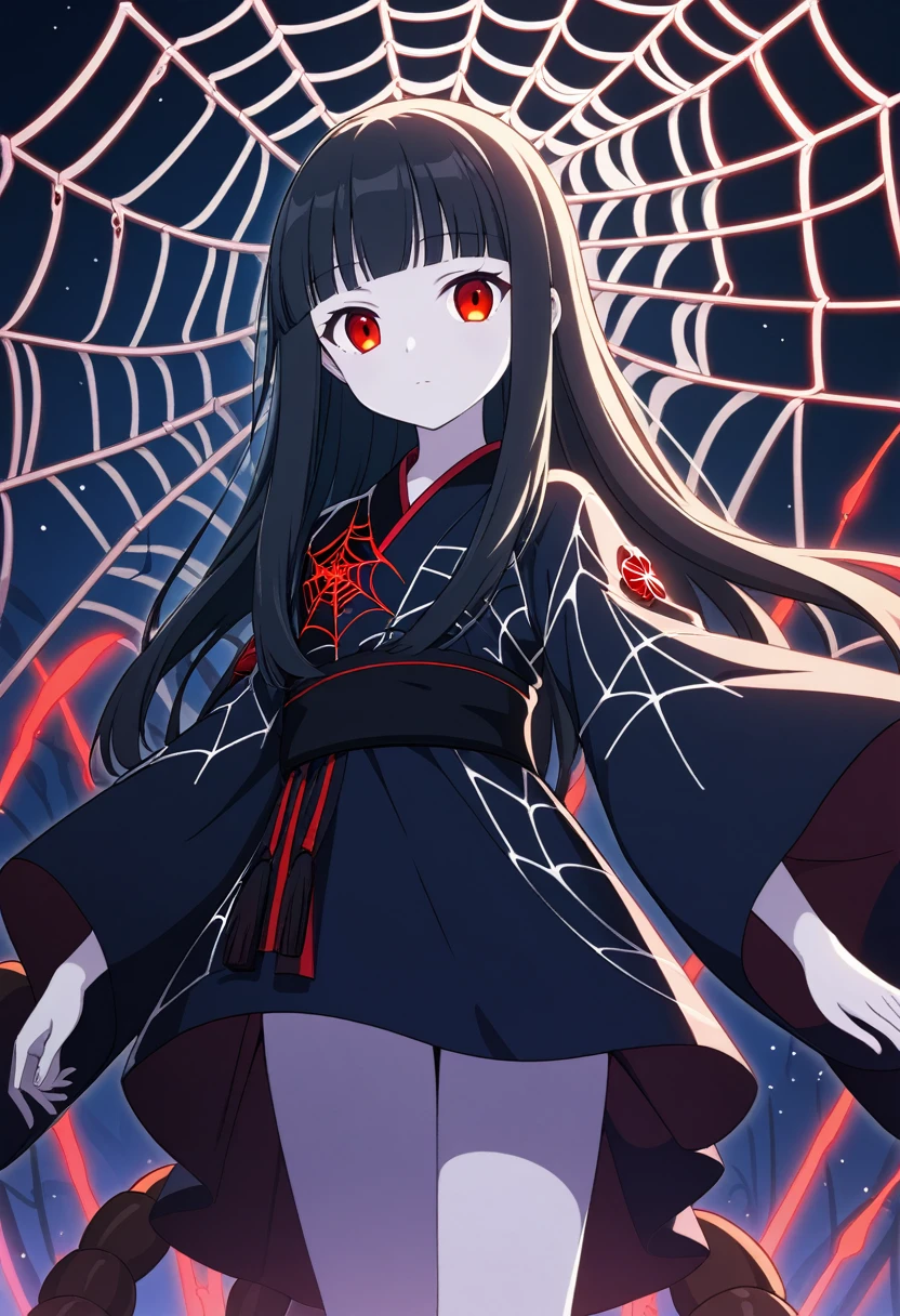 (arachne, spider girl:1.2), arthropod girl, arthropod_limbs, 1girl, solo, black hair, long hair, hime cut, straight hair, blunt bangs, red glowing eyes, (black kimono, detailed decoration kimono:1.1), small breasts, pale skin, five fingers, perfect hands, perfect anatomy, rating_sfw, cinematic lighting, masterpiece, amazing quality, best quality, detailed, absurdres, best illustration, an extremely delicate and beautiful, game_cg, intricate, (:1.2), (tiny, petite:1.2), (at midnight), white spiderweb, (cowboy shot:1.2), looking at viewer