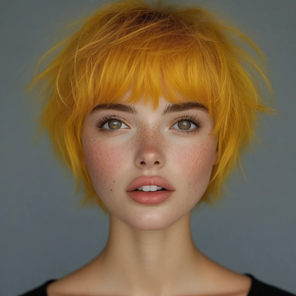 bellissima, 1girl, solo, looking at viewer, short hair, bangs, yellow hair, simple background, parted lips, teeth, grey background, mole, lips, eyelashes, messy hair, portrait, mole under mouth, freckles, realistic, nose