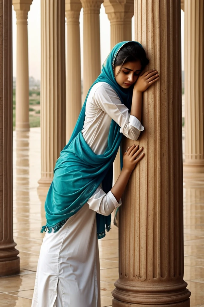 Imagine a picture of Pakistani girl alone sad lonely feeling hug to q broken pillar and crying