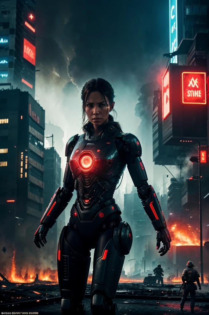 Create a movie poster depicting a dystopian future where AI dominates. Show a chaotic scene with emotional intensity: humans engaged in fierce battles against robotic adversaries, with expressions of fear, determination, and loss. The background should convey a devastated cityscape illuminated by fires and neon lights, symbolizing the clash between humanity and advanced technology.