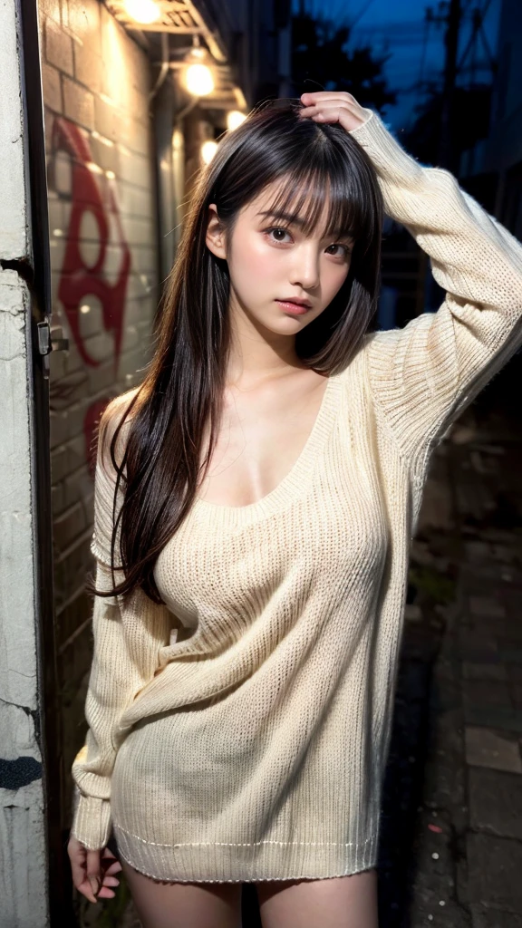 masterpiece, best quality, illustration, Super detailed, fine details, High resolution, 8K,wall paper, perfect dynamic composition,(Details High quality, realistic depiction of eyes:1.3),  (Japanese  girl standing in a dirty back alley at night, hands on head, graffitied wall:1.1), ((white hand-knitted long sweater, v-neck sweater, oversized clothes)), black hair color, Big Natural Color Lip,  seductive face, provocative look, crying a little、Harajuku style、(graffiti), night time, 20 year old girl、cute type、lolita, Gravure Idol, full body photo、focus on crotch, huge breasts, plump breasts