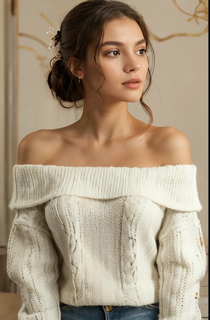 ((best quality)), ((masterpiece)), (Detailed), 1 girl, Off-the-shoulder sweater,