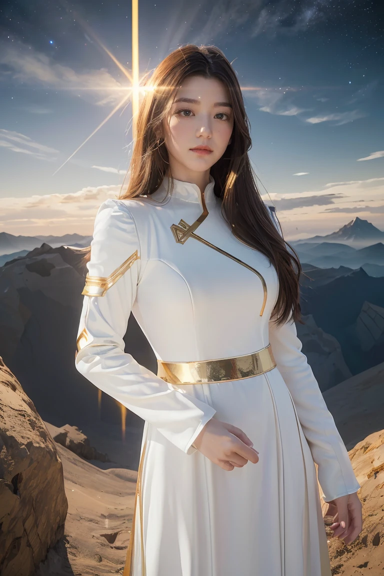 ((masterpiece, best quality, extremely detailed), volumetric lighting, ambient occlusion, colorful, glowing), 1girl, solo, young girl, (dark hair), long hair, halo, aura, sacred, goddess, cleric suit, (white outfit with gold detailst:1.3), armor, outdoors, sunset, sky, clouds, space, (fantasy theme:1.2),