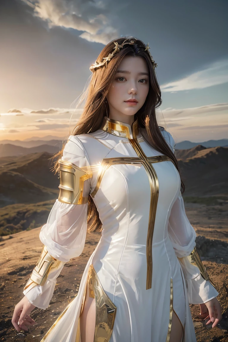 ((masterpiece, best quality, extremely detailed), volumetric lighting, ambient occlusion, colorful, glowing), 1girl, solo, young girl, (dark hair), long hair, halo, aura, sacred, goddess, cleric suit, (white outfit with gold detailst:1.3), armor, outdoors, sunset, sky, clouds, space, (fantasy theme:1.2),