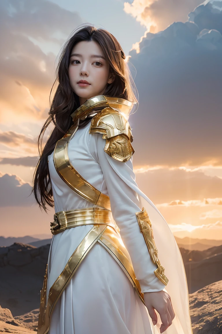 ((masterpiece, best quality, extremely detailed), volumetric lighting, ambient occlusion, colorful, glowing), 1girl, solo, young girl, (dark hair), long hair, halo, aura, sacred, goddess, cleric suit, (white outfit with gold detailst:1.3), armor, outdoors, sunset, sky, clouds, space, (fantasy theme:1.2),