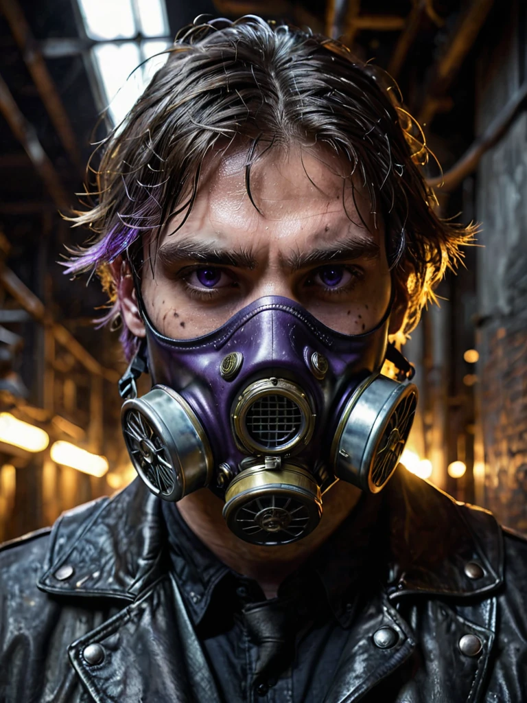 A high-resolution portrait of a man wearing a black leather gas mask, showcasing intricate details. The gas mask has a matte finish with visible stitching and metal rivets, giving it a rugged and worn appearance. His shoulder-length hair is damp, with individual strands sticking to his skin and glistening slightly in the light. His eyes are (glowing dark purple:1.3), the irises radiating an eerie luminescence that contrasts sharply with the darkness around him. The skin visible around his eyes is pale, adding to the contrast and drawing more focus to his glowing eyes.

The background is a dimly lit, industrial setting with hints of metallic surfaces and shadows, creating a foreboding atmosphere. The lighting is low and directional, casting subtle highlights on the gas mask and his damp hair, while leaving parts of his face in shadow, enhancing the dramatic effect. There is a faint mist or smoke in the air, adding depth and texture to the scene. The overall ambiance is one of mystery and intensity, with a slightly dystopian feel.