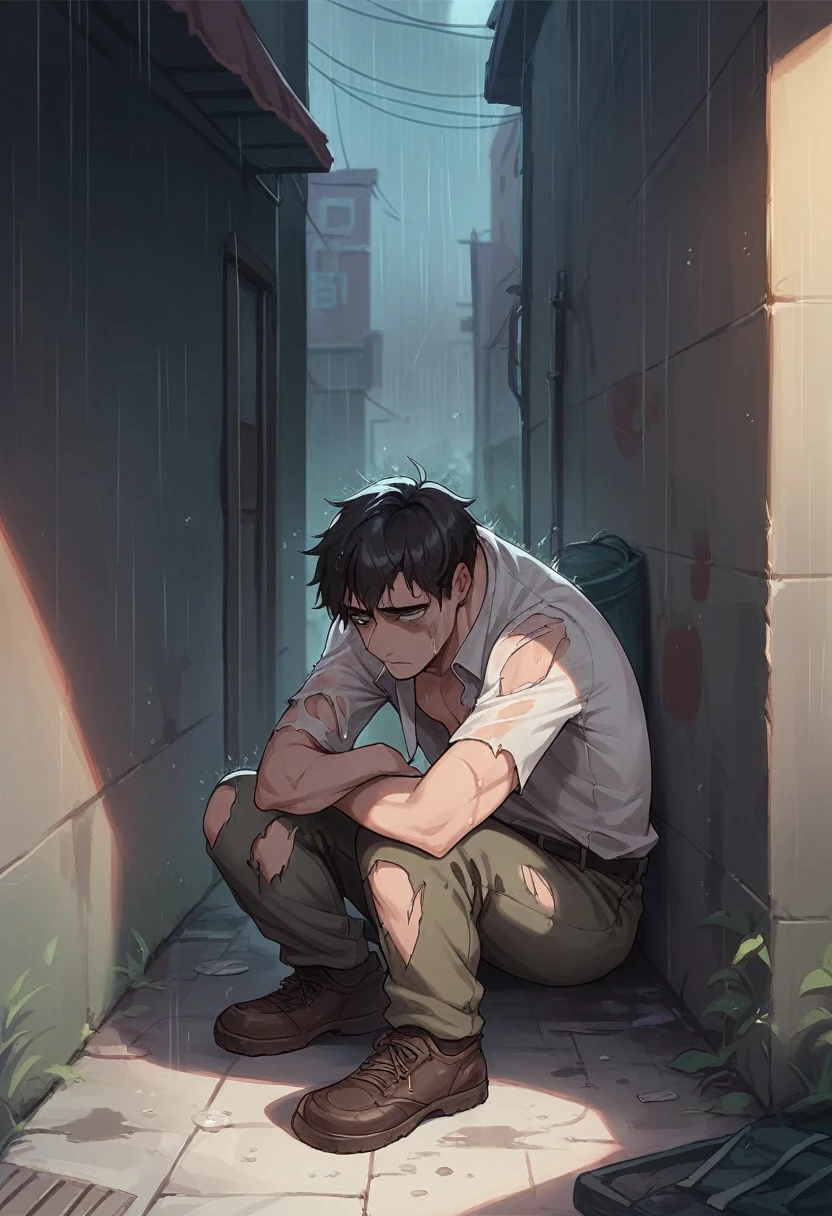 A boy, sitting in an alley, with dirty and torn clothes, sad face, under the rain, at night