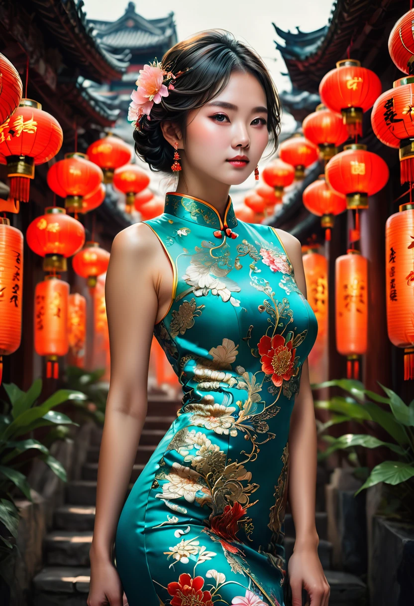 Cheongsam, by Ryan_Yee, RAW photo, 35mm photograph, bokeh, best quality, masterpiece, very aesthetic, perfect composition, intricate details, ultra-detailed