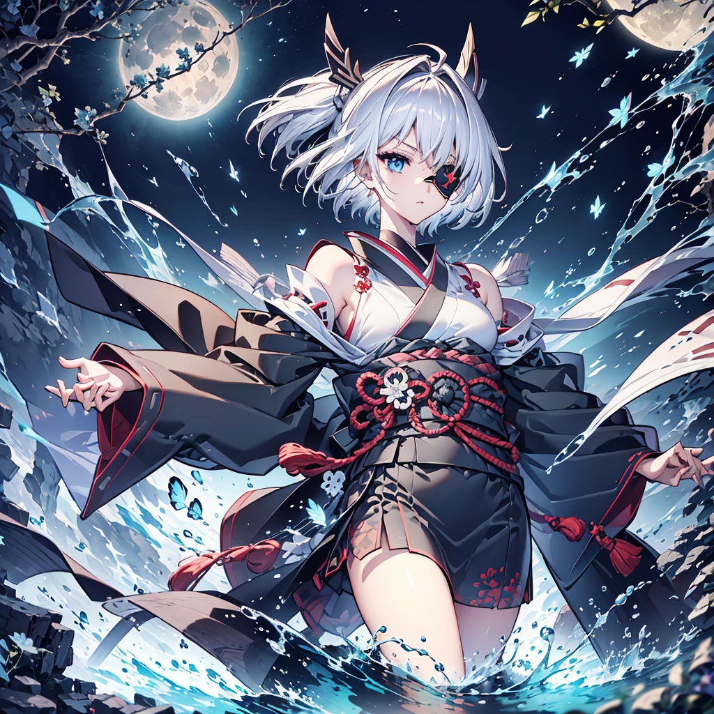 (((1 person Put on an eye patch Gray Hair Qinglong))) ((High resolution short hair Black kimono Shoulder Rin々Funny face knifeを胸の前で構える)) ((Black Band samurai Lonely despair blue目 Close-up)) ((blue蝶 night Japanese style old Shining Aura garden water surface Catch the wind blue)) (dance 日本knife knife Slashing) 月night moonlight star Draw your sword Shining Background Shining Edge