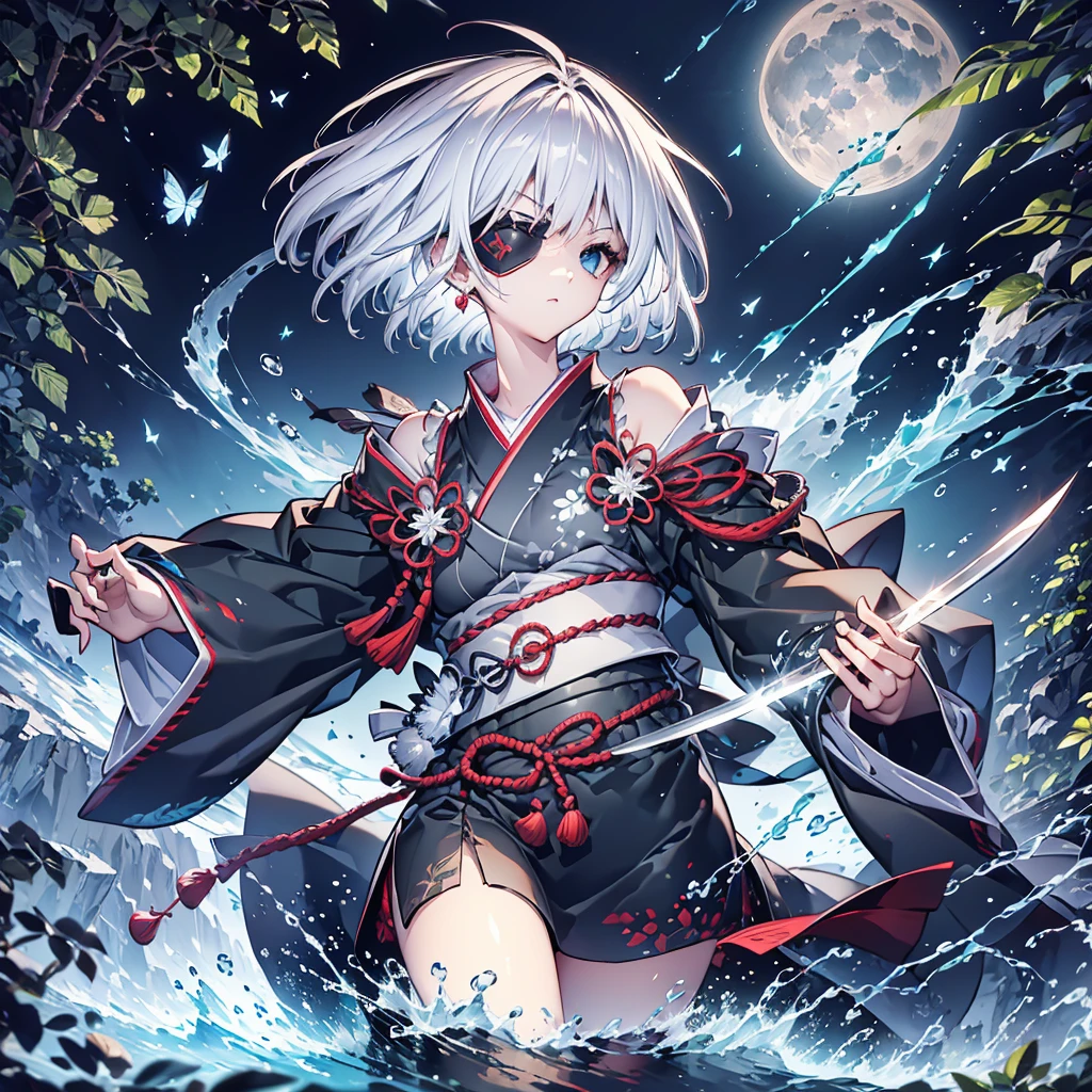 (((1 person　Put on an eye patch　Gray Hair　Qinglong)))　((High resolution　short hair　Black kimono　Shoulder　Rin々Funny face　knifeを胸の前で構える))　((Black Band　samurai　Lonely　despair　blue目　Close-up))　((blue蝶　night　Japanese style　old　Shining Aura　garden　water surface　Catch the wind　blue))　(dance　日本knife　knife　Slashing)　月night　moonlight　star　Draw your sword　Shining Background　Shining Edge