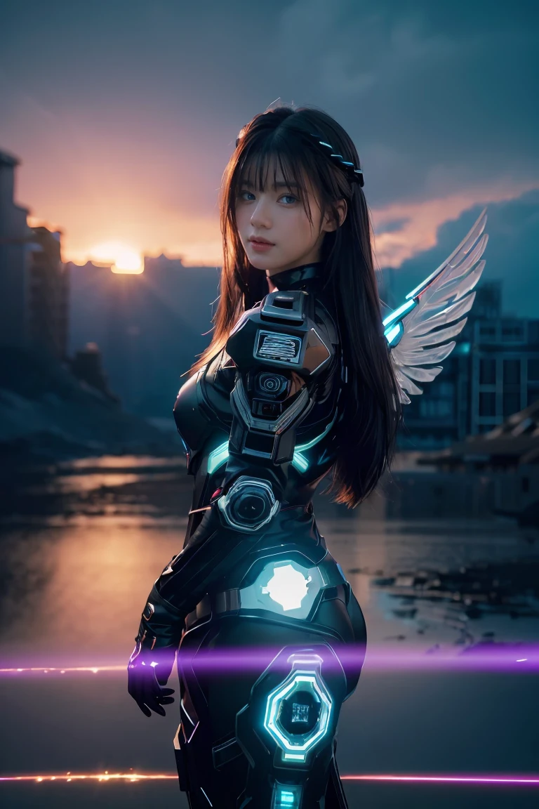 ((masterpiece, best quality, extremely detailed), volumetric lighting, ambient occlusion, colorful, glowing),
1girl, solo, young girl, (dark hair), long hair, halo, aura, sacred, godness, cyber suit, (black outfit:1.3), android, bot, cybernetic wings,
outdoors, sunset, sky, clouds, space, (cyberpunk theme:1.2),