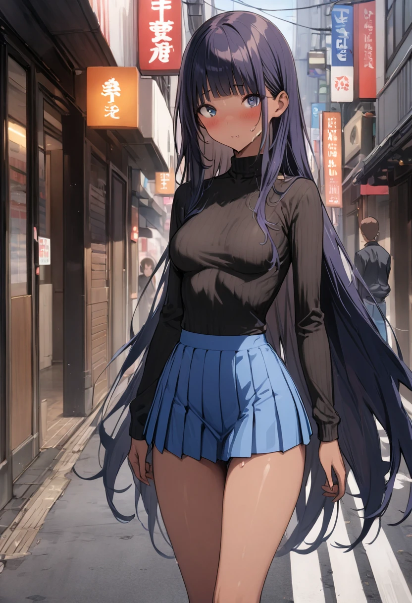(((masterpiece, Highest quality:1.5,absurdres))),25 year old beauty,(dark blue hair),brown hair,((very small head:1.2)),long hair,bangs,dark blue eyes,gorgeous eyes,blush、medium breasts,((very long body:1.2)),((toned body,slender body)),skinny,(tan skin:1.2),gleaming skin,shiny skin,sweat,((Black turtleneck knitwear、Long sleeve、Blue pleated mini skirt),on street,Tokyo、