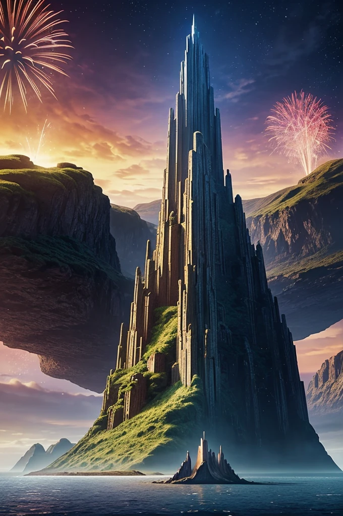 Design a cover for "Elysian Echoes: A Tale of Love and Destiny," featuring a fantastical landscape with floating islands and a celestial sky. Include Elara and Kael in the foreground, surrounded by festival fireworks, with the title in elegant script and the author's name at the bottom.