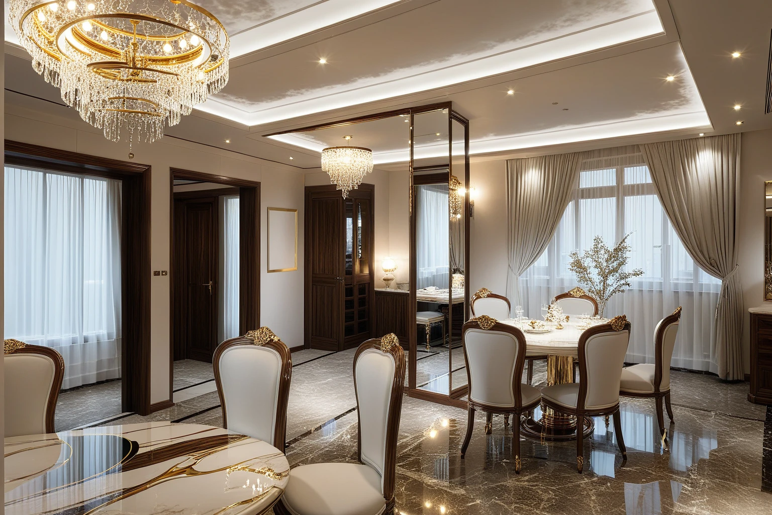 ,Masterpiece, Best quality,8K, Ultra-high resolution,When you step into the ( DINNING room  AND restaurant : 1.1)  ,Immediately surrounded by a rich atmosphere of luxury. The space  was covered with a soft white fluffy blanket,It is so comfortable,So much so that you can't help but indulge in it。Embellished with precious porcelain and white-off gold ornaments。Whenever it is late afternoon,The afterglow from the window spilled on the floor,Soft light and shadow are reflected,It was as if entering a dreamland. ((Wooden chair and table : 1.3)), ((COLUMN MIRROR : 1.3))